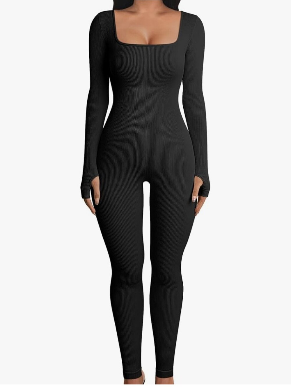 OQQ Black Long Sleeve Yoga Jumpsuits Stretch Ribbed Bodysuits Onepiece L